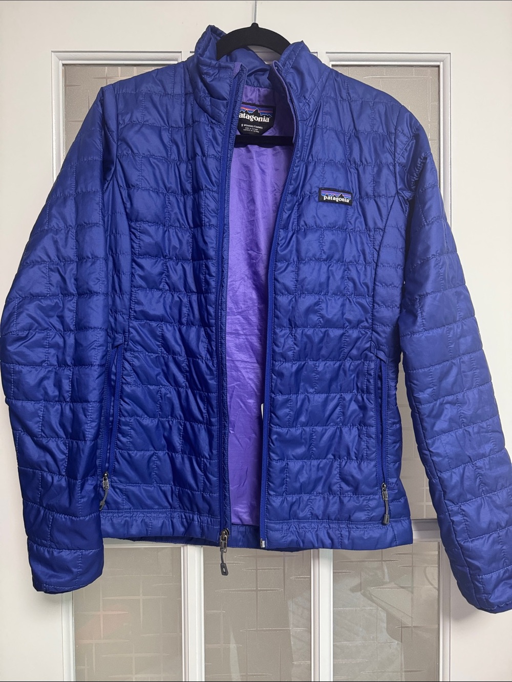 Patagonia Quilted Jacket in Royal Blue with Lavender Lining